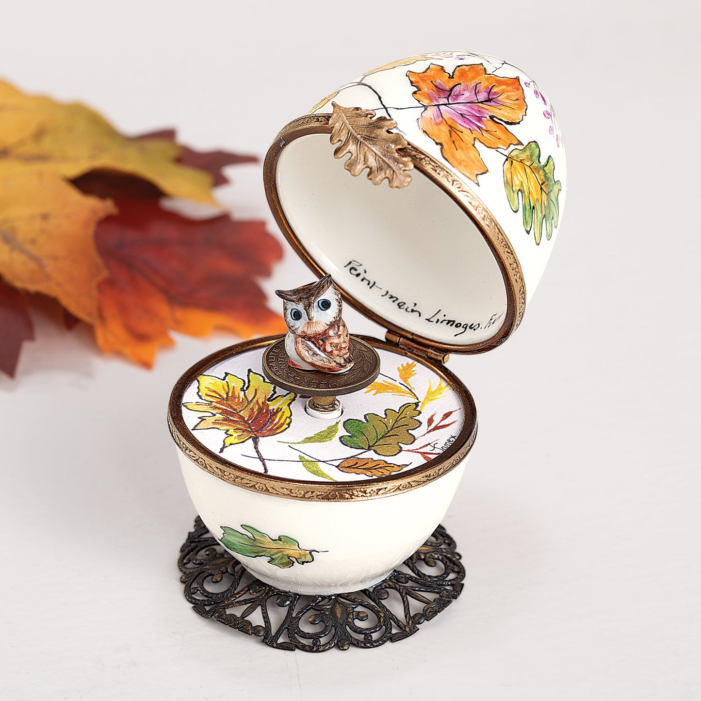 Limoges Porcelain Owl Musical Egg