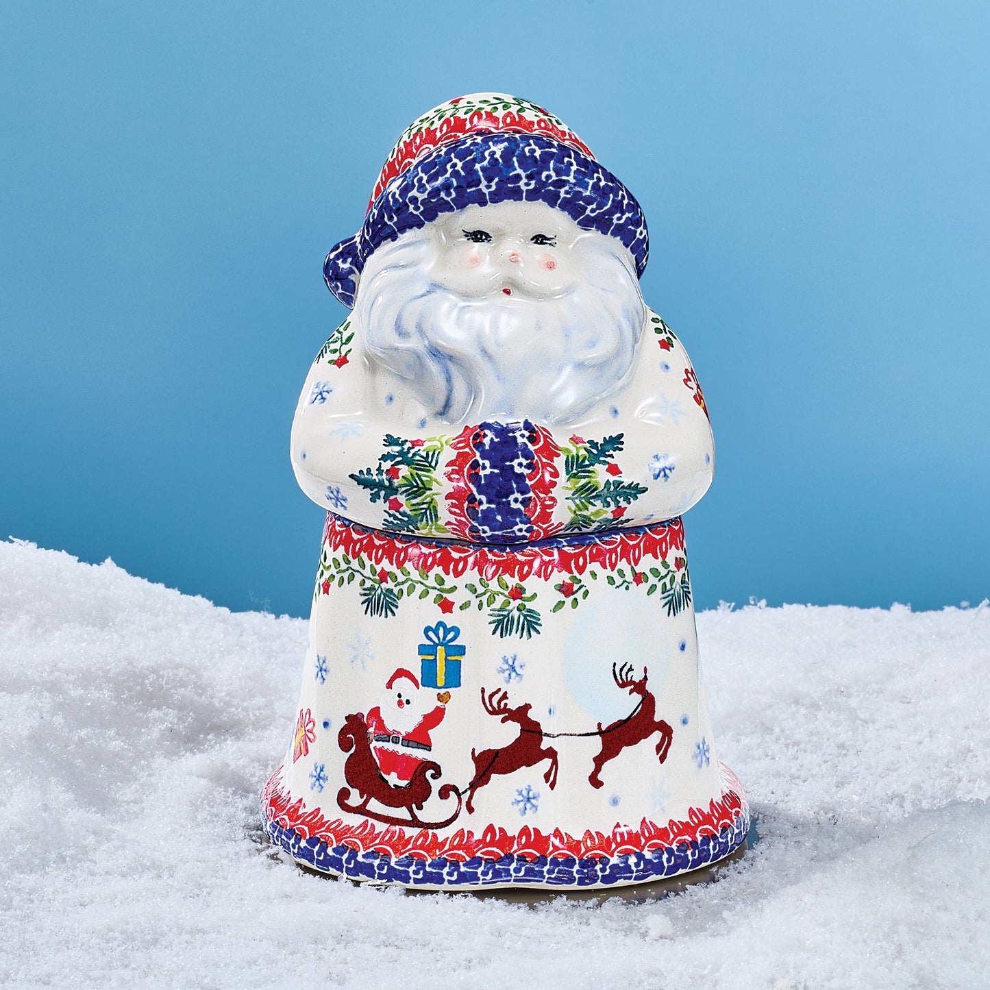 Polish Pottery Dashing All The Way Santa Cookie Jar (Preorder)