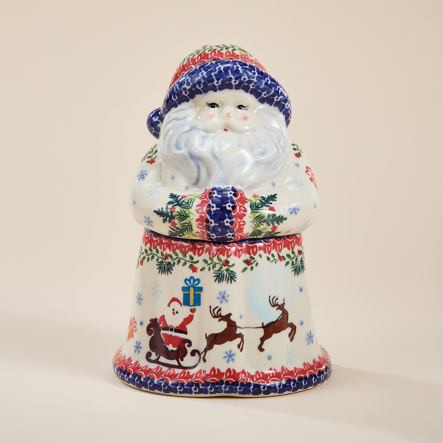 Polish Pottery Dashing All The Way Santa Cookie Jar (Preorder)