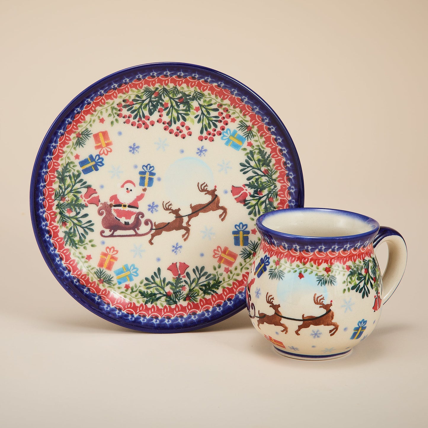 Polish Pottery Dashing All The Way Mug & Plate Set (Preorder)