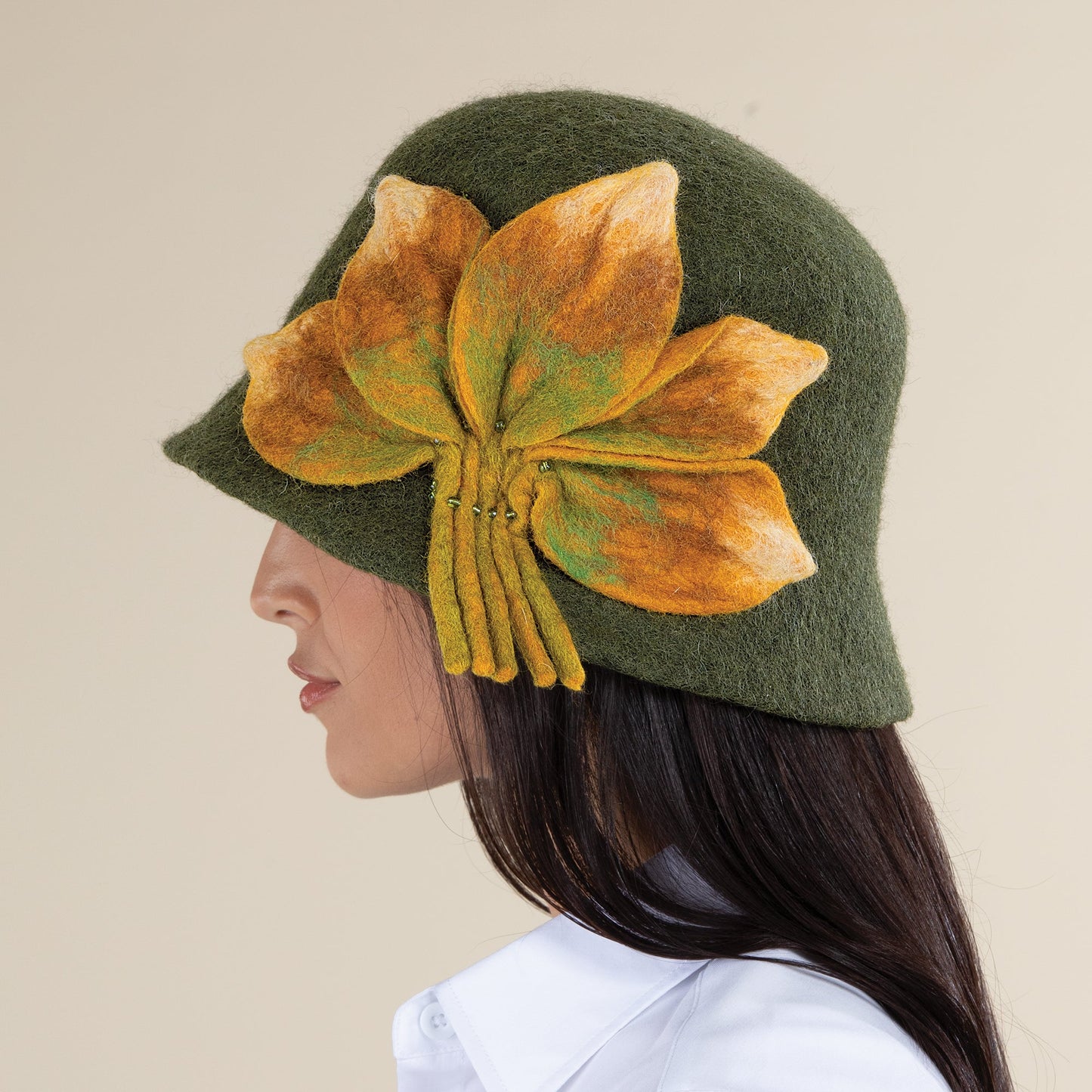 Evie Leaf Design Green Wool Cloche (Preorder)