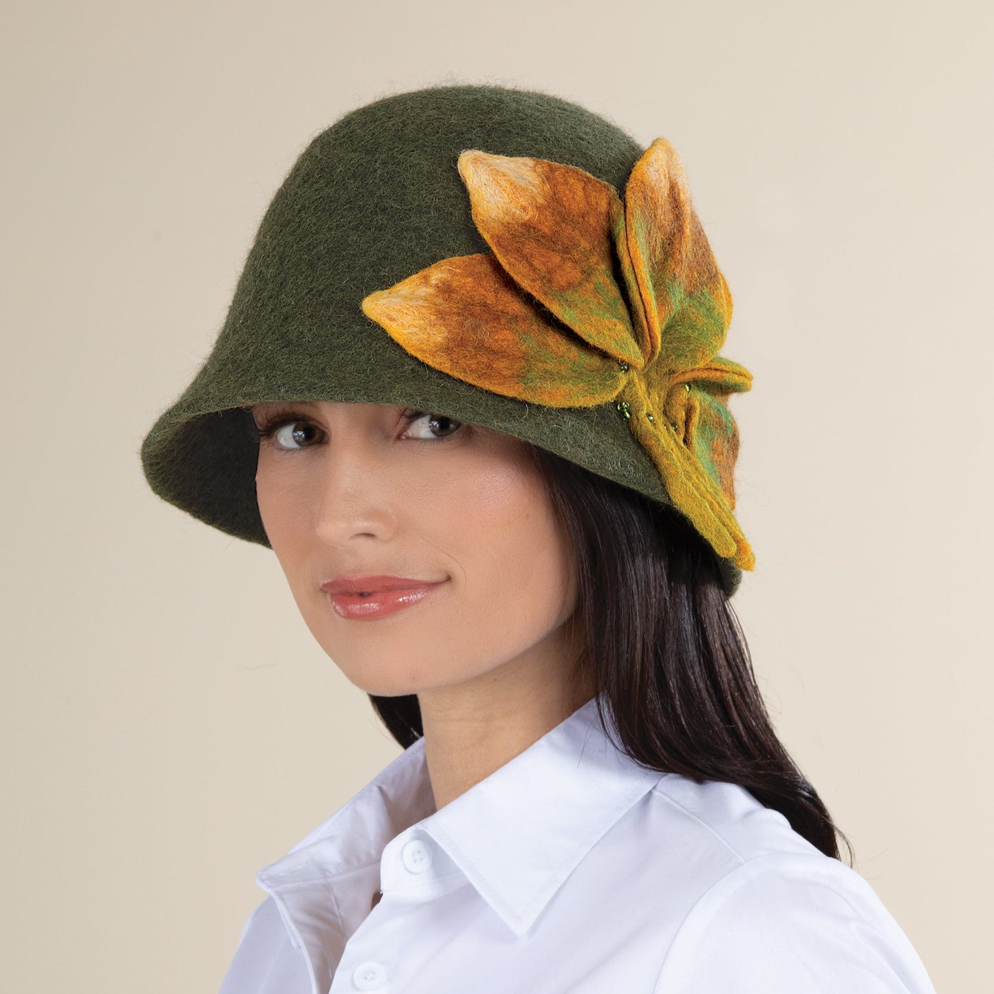 Evie Leaf Design Green Wool Cloche (Preorder)