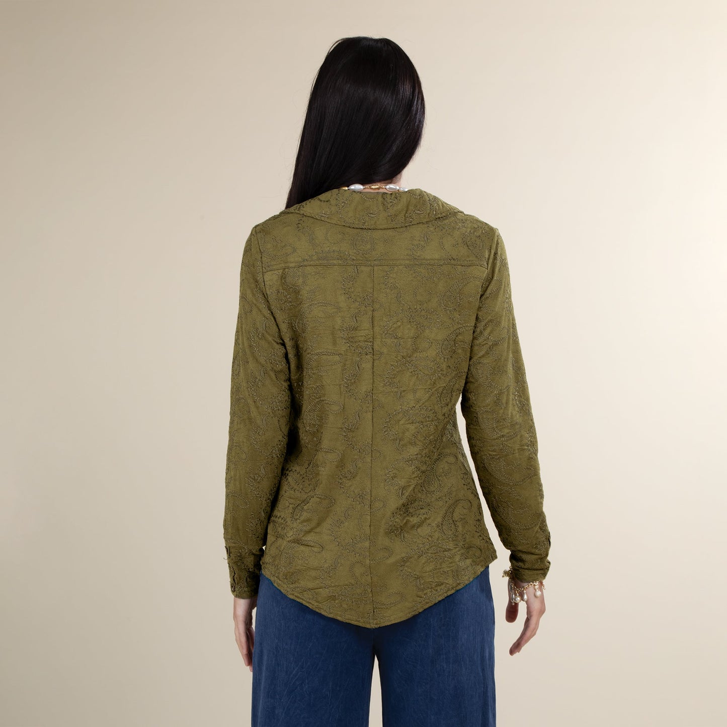 Paisley Patterned Olive Green Suede Popover Blouse