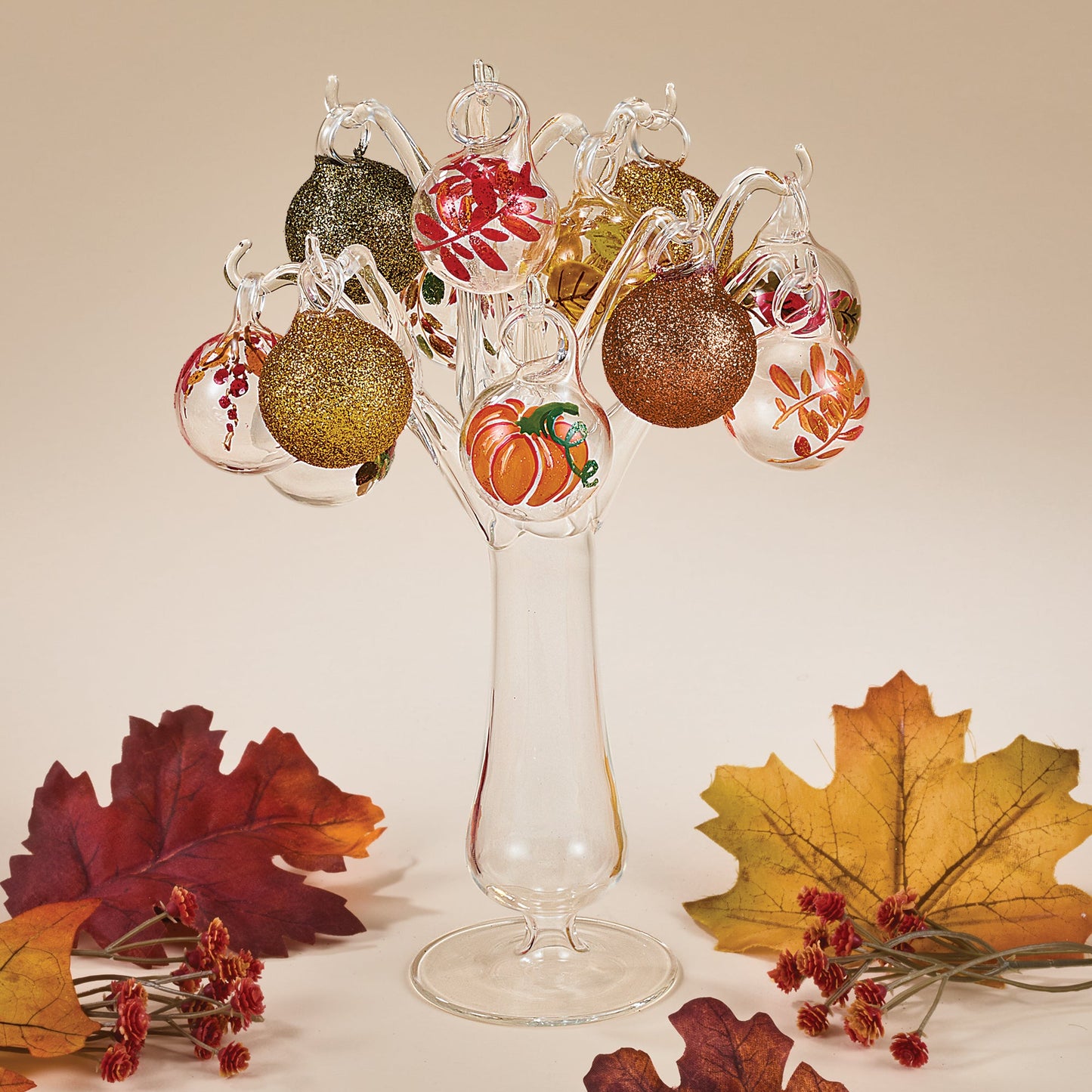 Hand-Blown Venetian Glass Foglia Autumn Ornaments Set Of 12