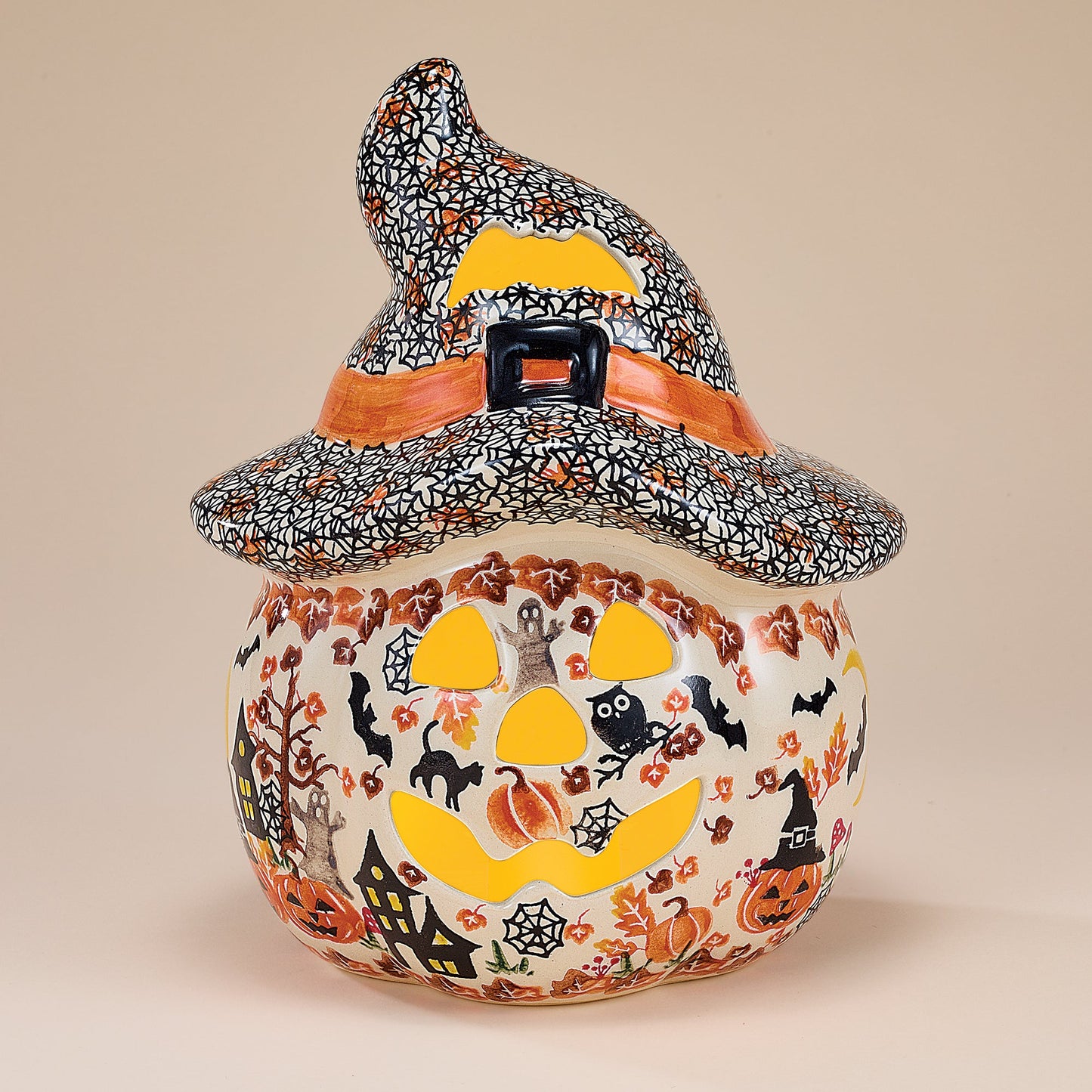 Polish Pottery Enchanting Pumpkins Jack O' Lantern with Witch Hat