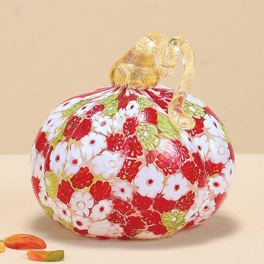 Golden Floral Millefiori Murano Glass Pumpkin