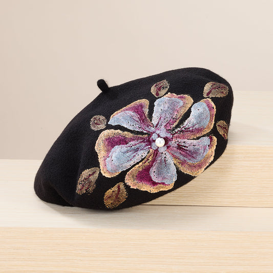 Livia Hand-Painted Floral Italian Wool Beret