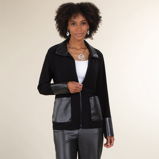 Mixed Materials Vegan Leather Zip Front Jacket