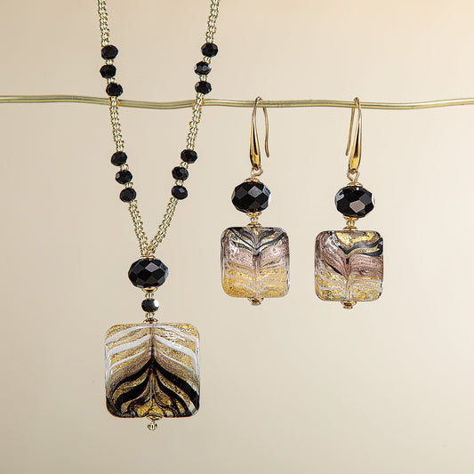 Bellissima Murano Glass Black & Gold Necklace & Earrings Set