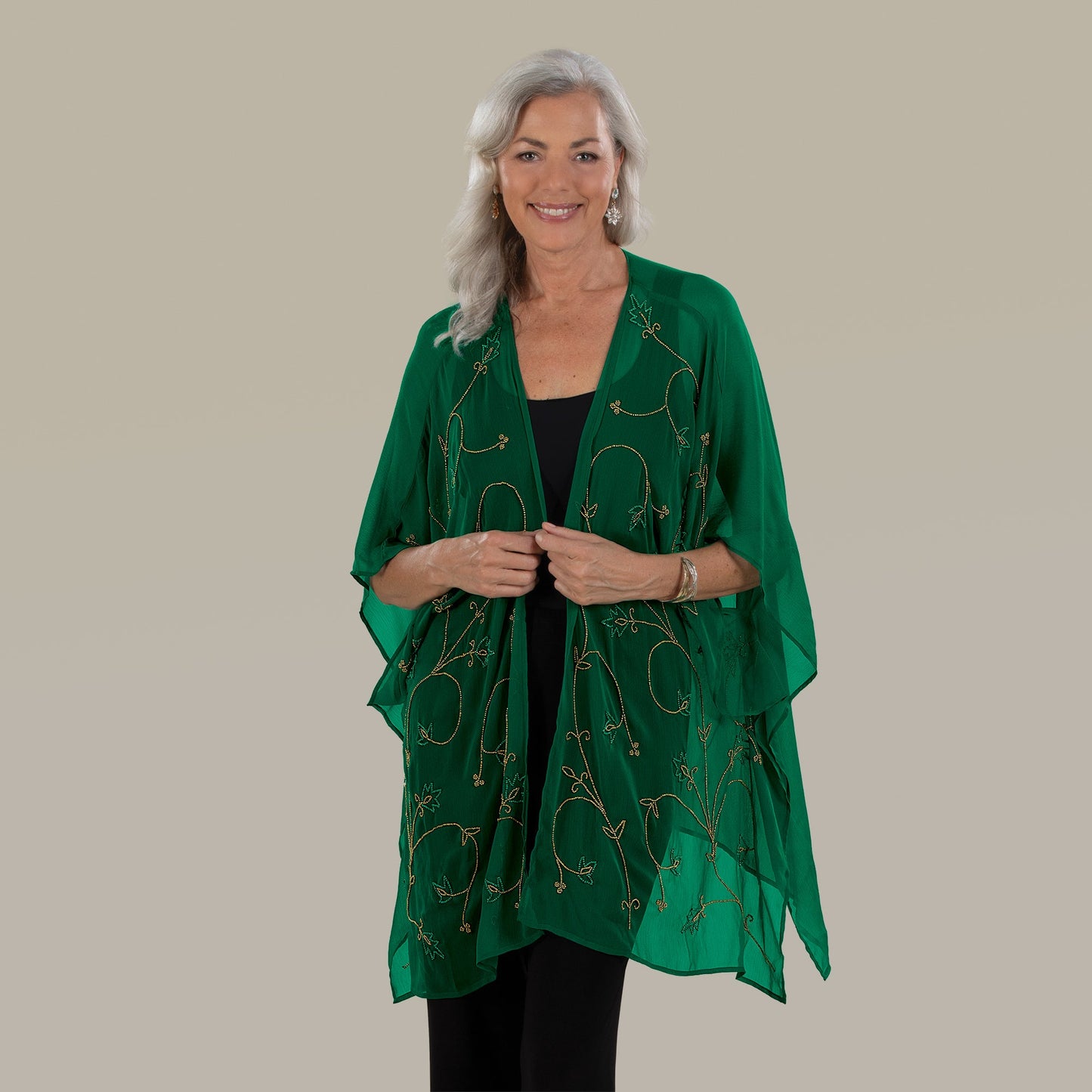Hand-Beaded Sheer Emerald Kimono (Preorder)