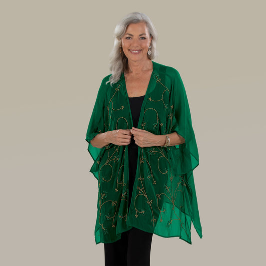 Hand-Beaded Sheer Emerald Kimono (Preorder)