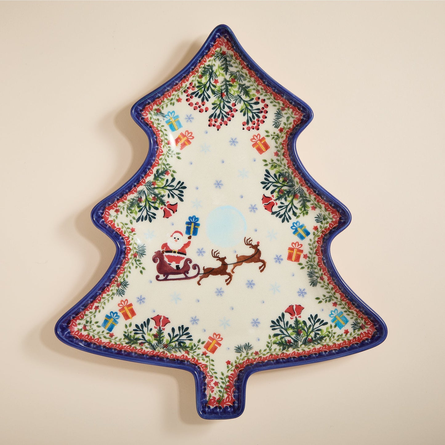 Polish Pottery Dashing All The Way Tree Platter (Preorder)