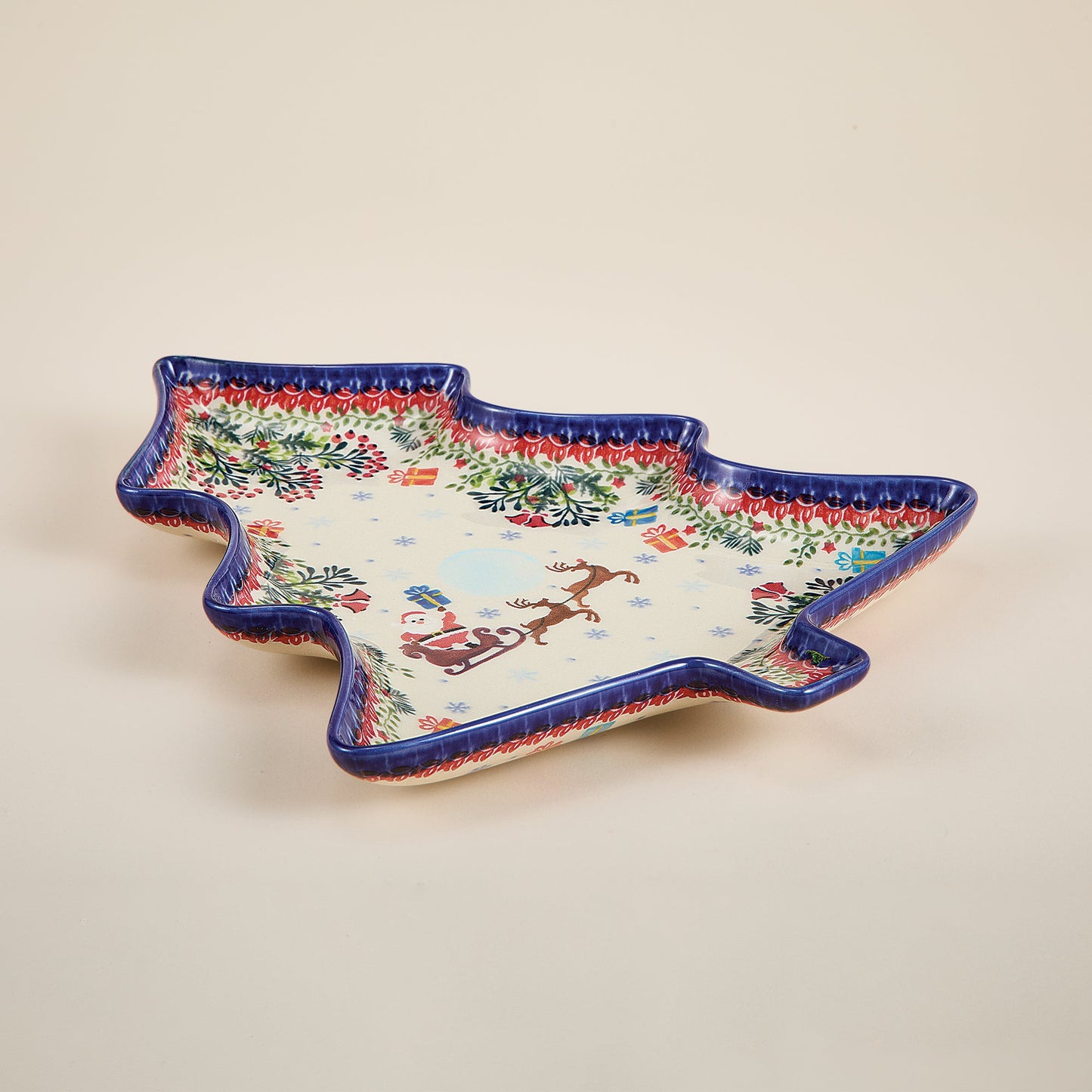 Polish Pottery Dashing All The Way Tree Platter (Preorder)