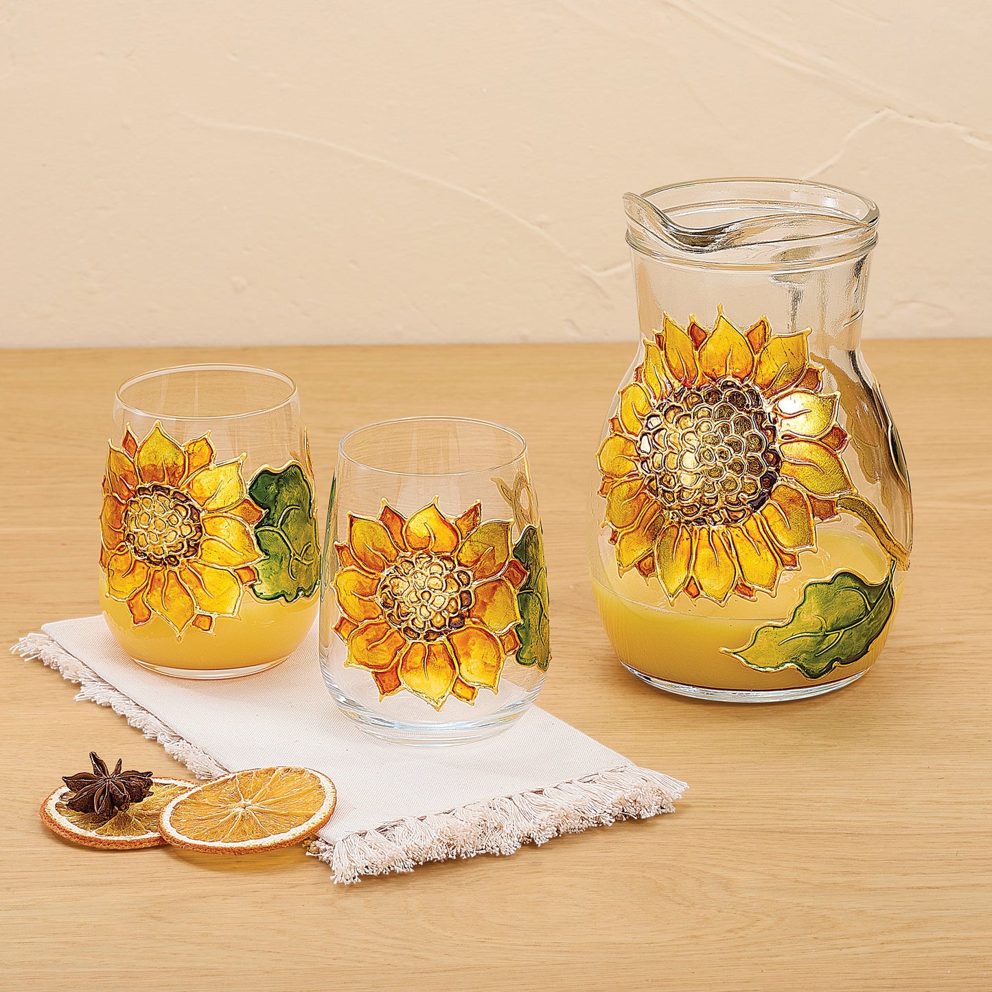 Hand-Gilded Sunflower Glass Pitcher