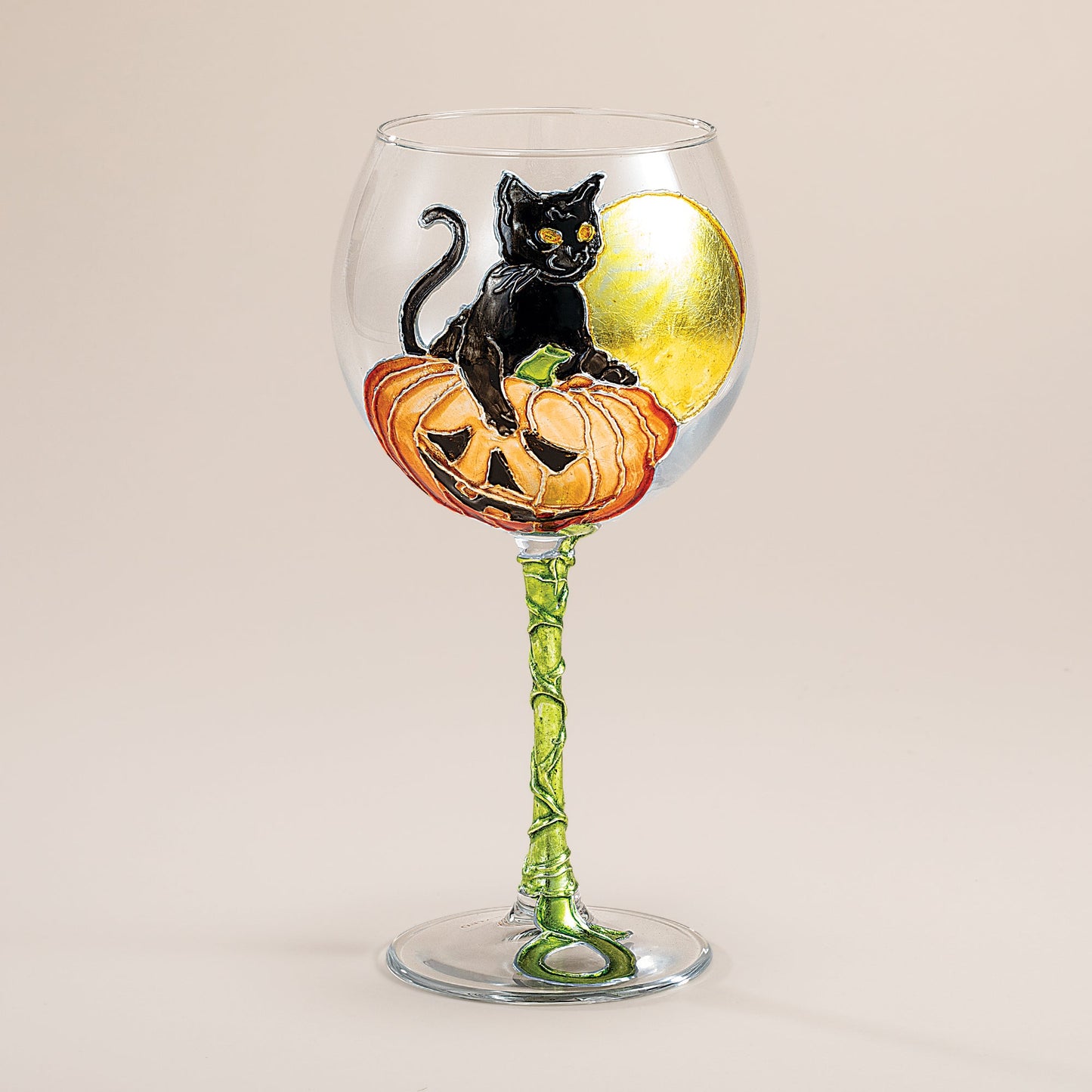 Hand-Gilded Diva Cat on Pumpkin Wine Glass