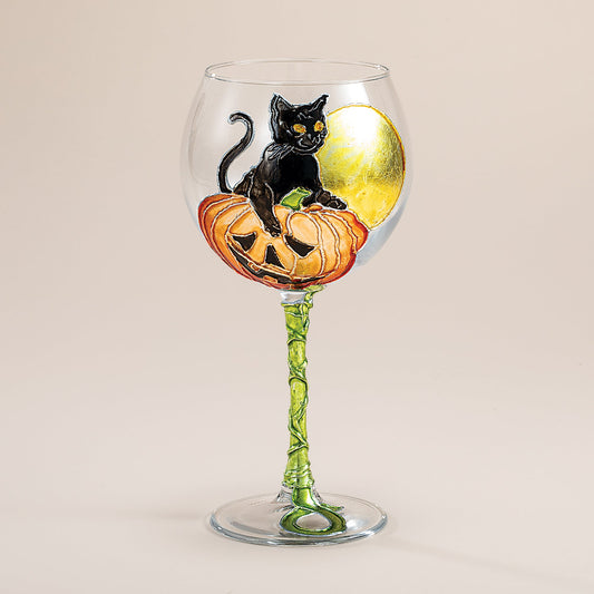 Hand-Gilded Diva Cat on Pumpkin Wine Glass