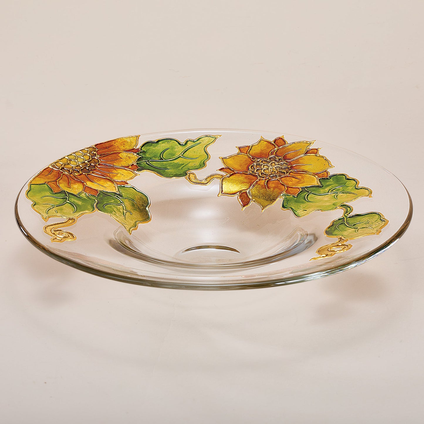 Hand-Gilded Sunflower Glass Serving Bowl