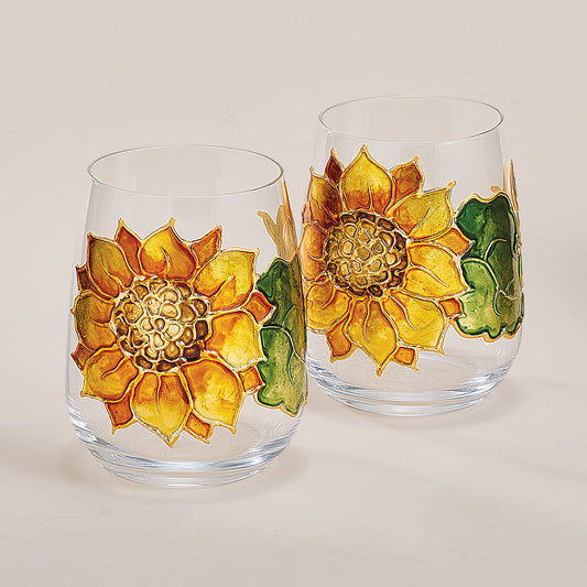 Hand-Gilded Sunflower Stemless Glass