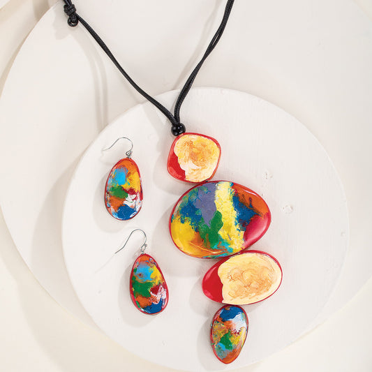 Hand-Marbled Rainbow Resin Necklace & Earrings Set