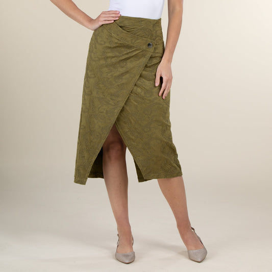 Paisley Patterned Olive Green Suede Faux Wrap Skirt