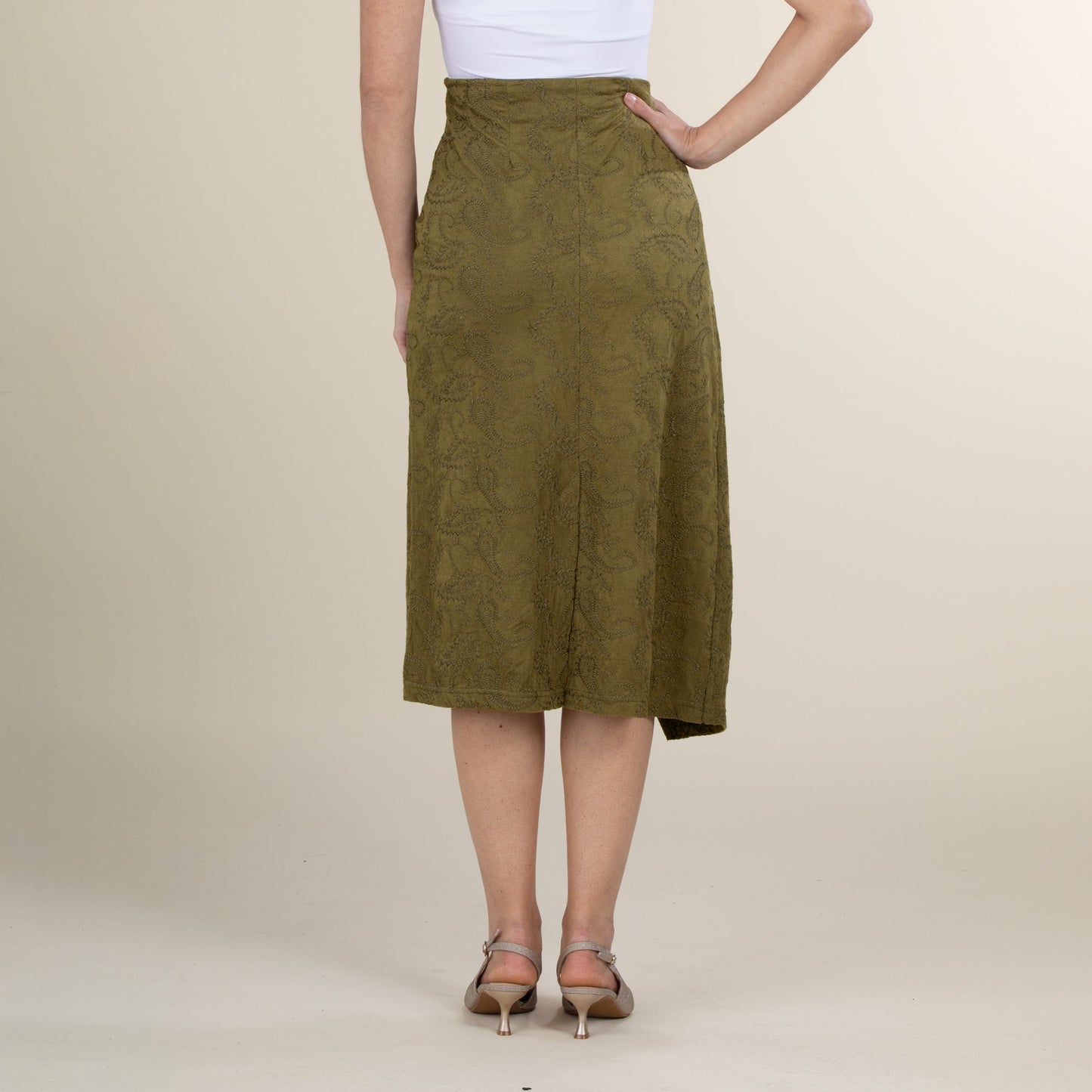 Paisley Patterned Olive Green Suede Faux Wrap Skirt