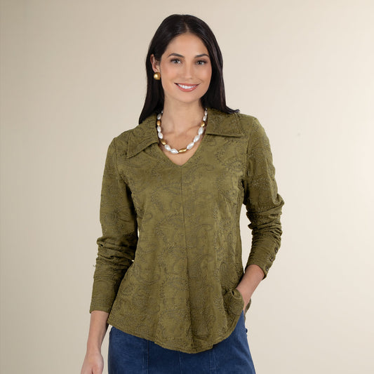 Paisley Patterned Olive Green Suede Popover Blouse