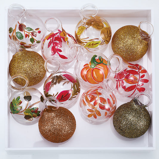 Hand-Blown Venetian Glass Foglia Autumn Ornaments Set Of 12