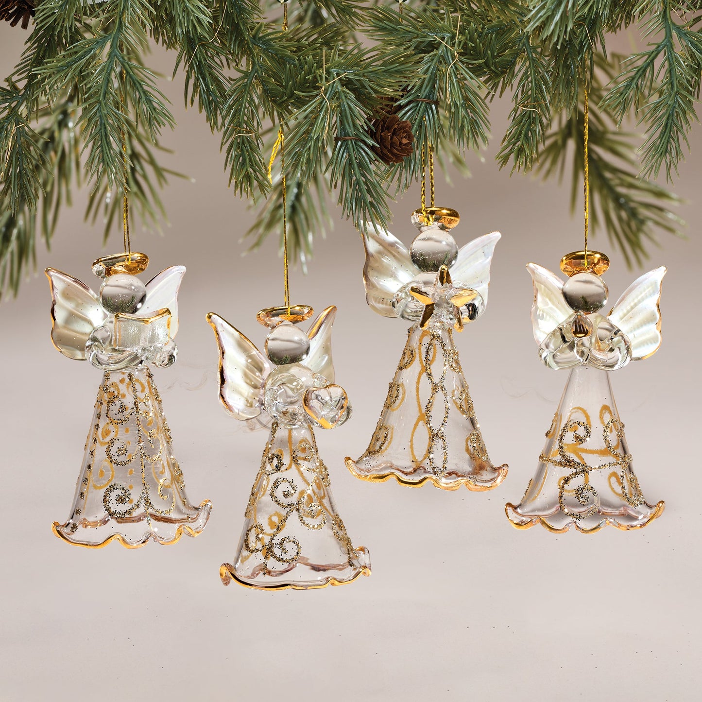 Hand-Blown Venetian Glass Golden Angel Ornaments Set of 4