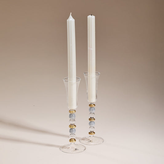 Hand-Blown Venetian Glass Silver & Gold Candlestick Holders Set Of 2