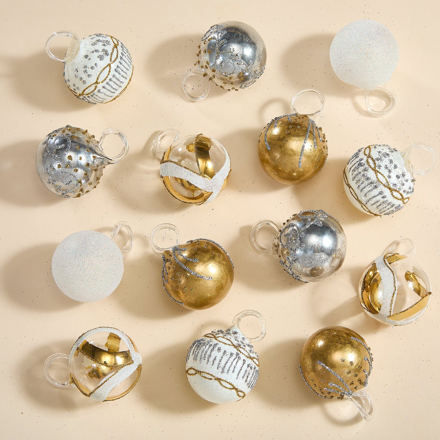 Hand-Blown Venetian Glass Argento e Oro Ornaments Set of 14