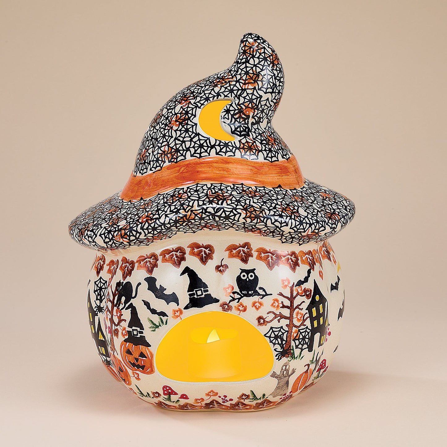 Polish Pottery Enchanting Pumpkins Jack O' Lantern with Witch Hat