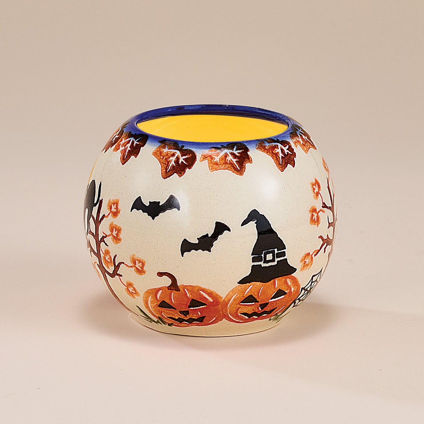 Polish Pottery Enchanting Pumpkins Jack O' Lantern Tealight Holder