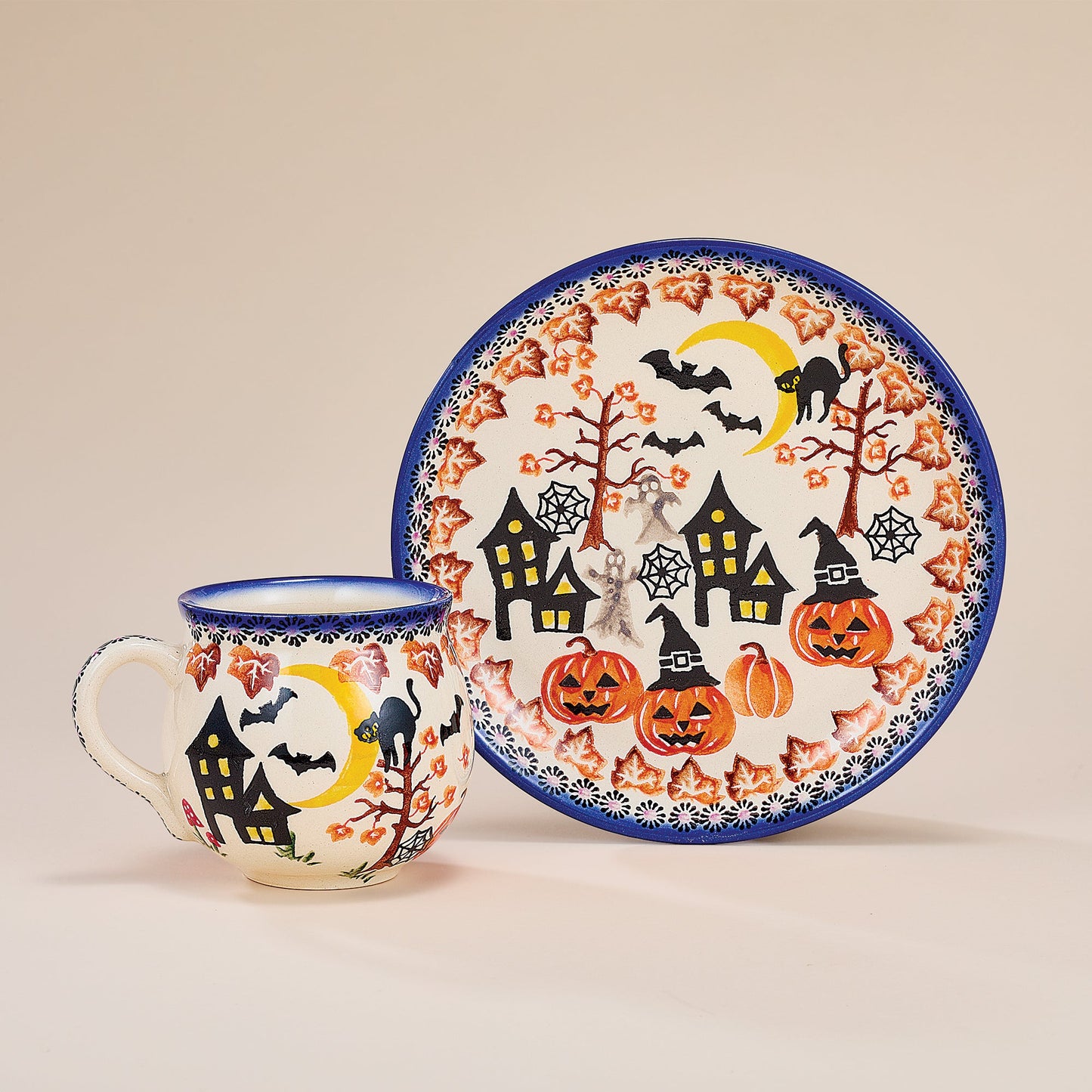 Polish Pottery Enchanting Pumpkins Mug & Plate Set